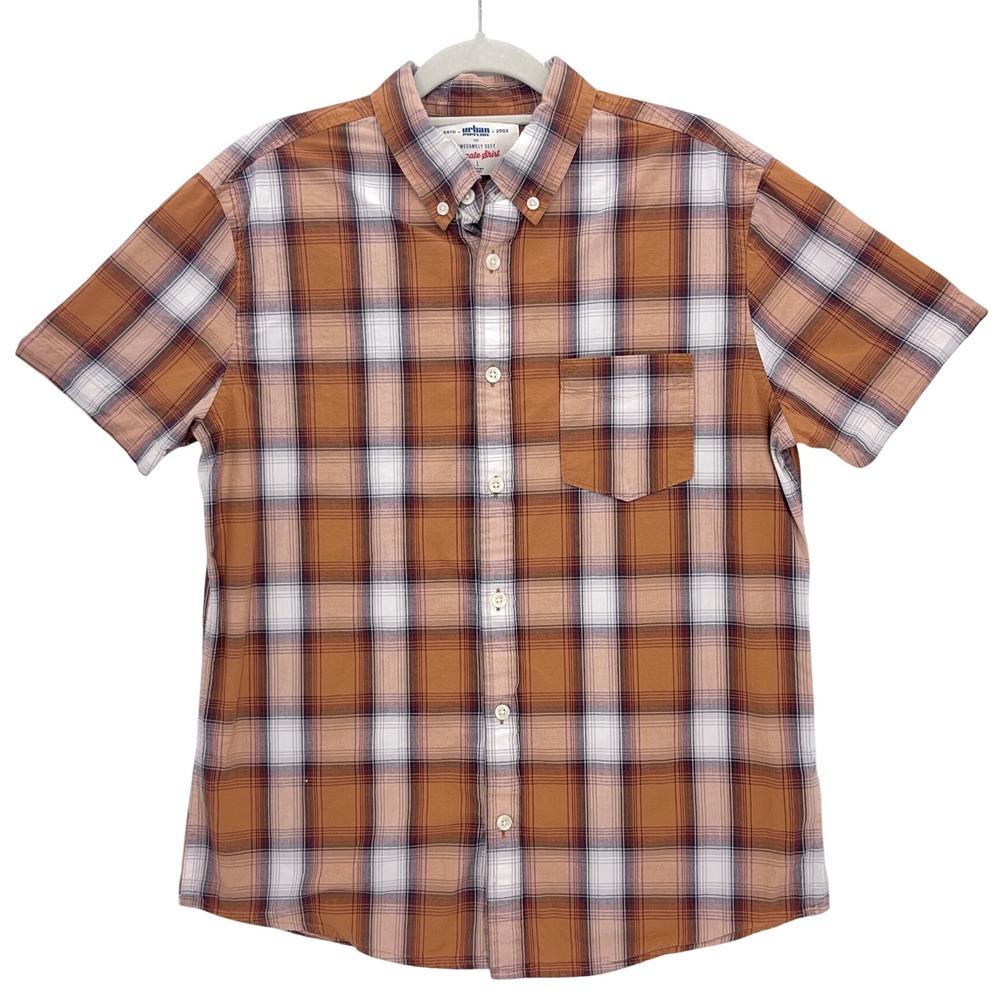 Urban Pipeline Brown Plaid Button Down Shirt L Short Sleeve Soft Cotton Shirt
